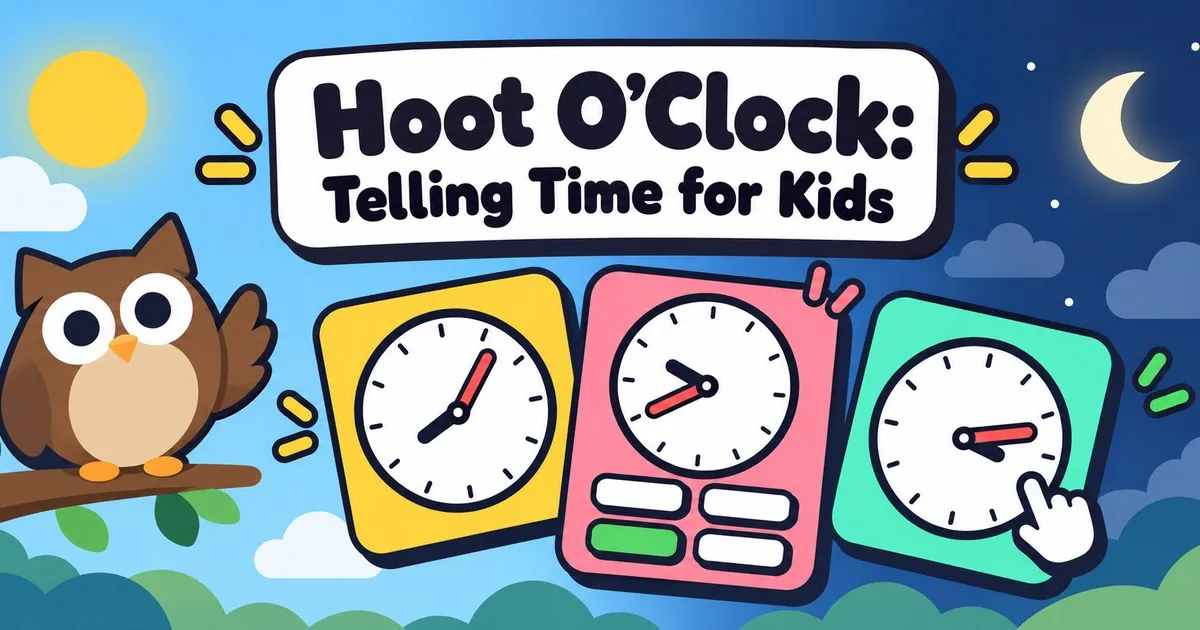 Hoot O'Clock: Hoot the owl on a branch next to three colorful clock cards, with day and night behind
