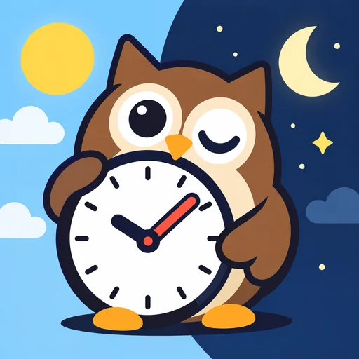 Hoot O'Clock app icon: Hoot the owl holding a clock, with day and night behind