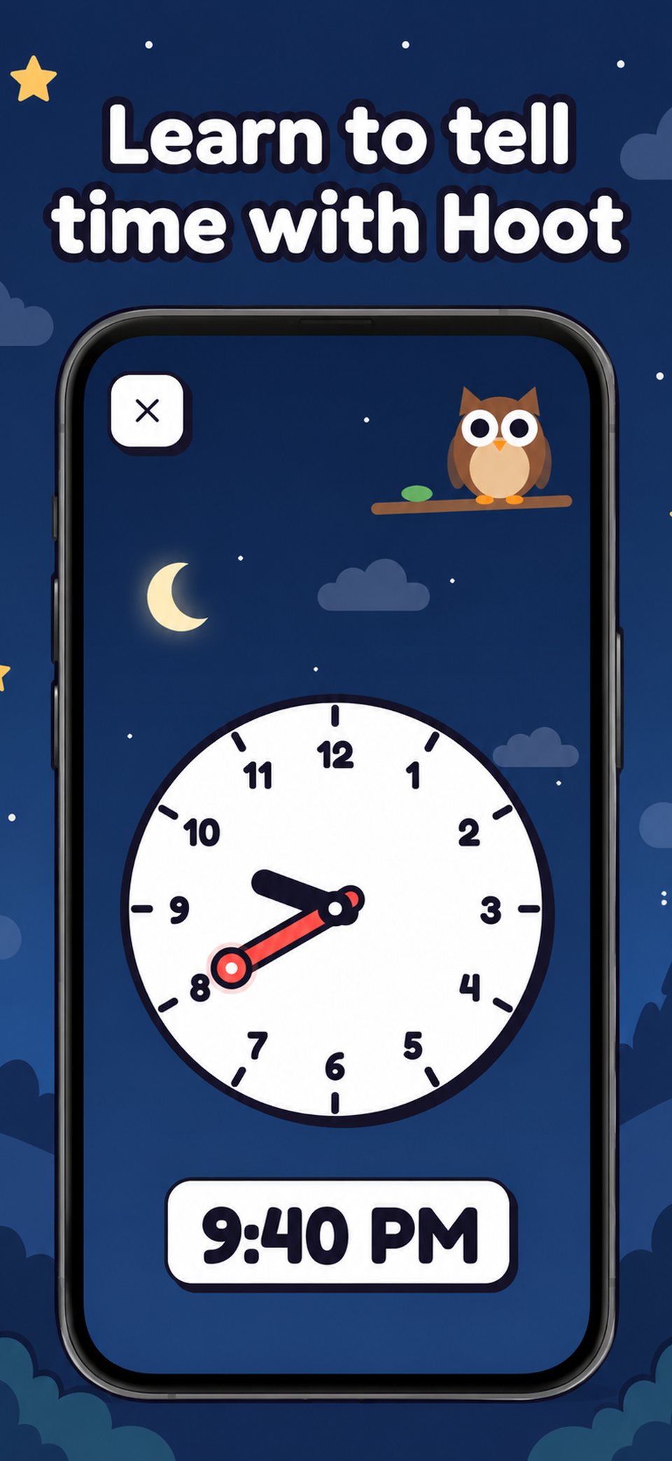 Free play: a big clock with movable hands and Hoot the owl under the night sky