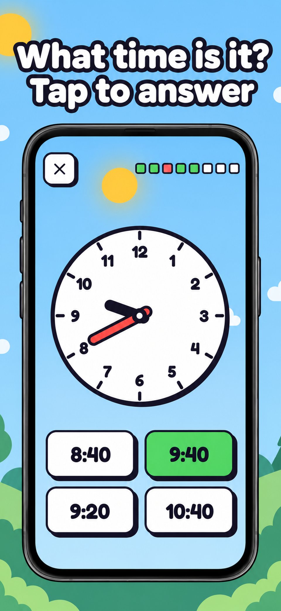 “What time is it?” quiz: a clock and four answers, the right one in green