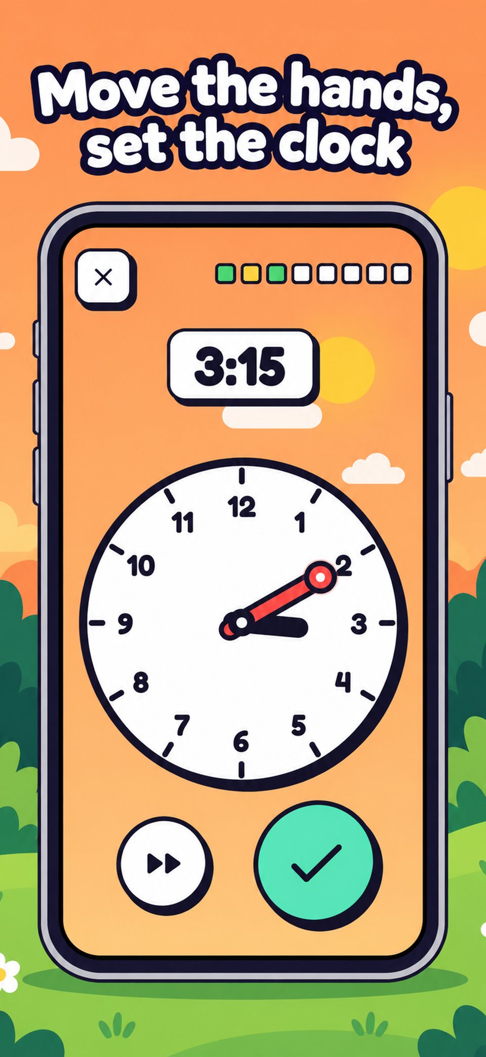 “Set the clock”: the child moves the hands to 3:15