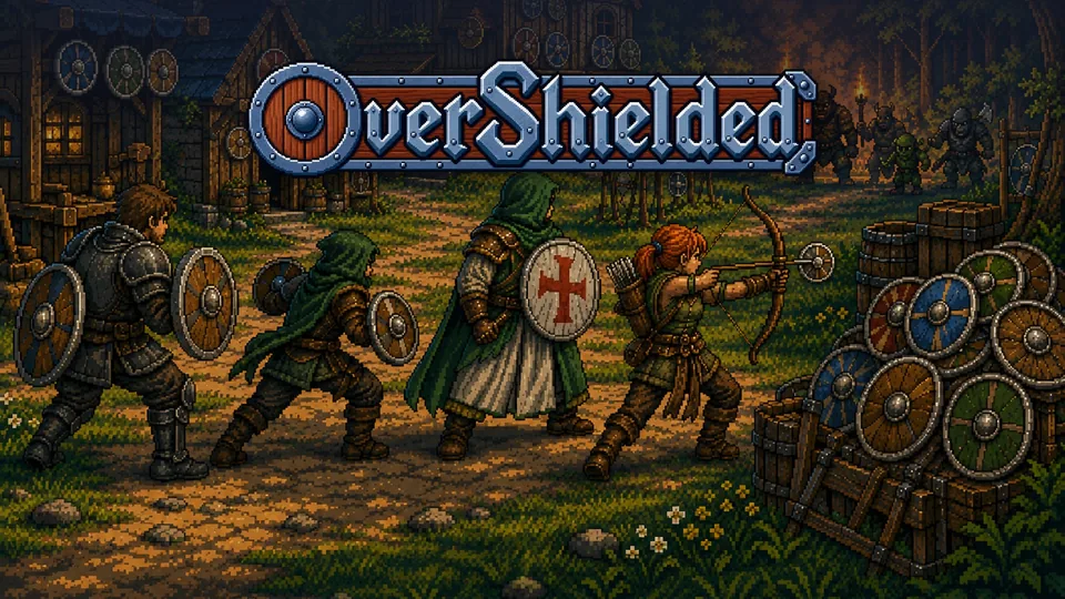 OverShielded: four heroes with shields defending a village from monsters